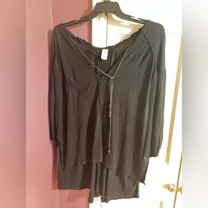Black V-Neck Blouse with Tie Detail